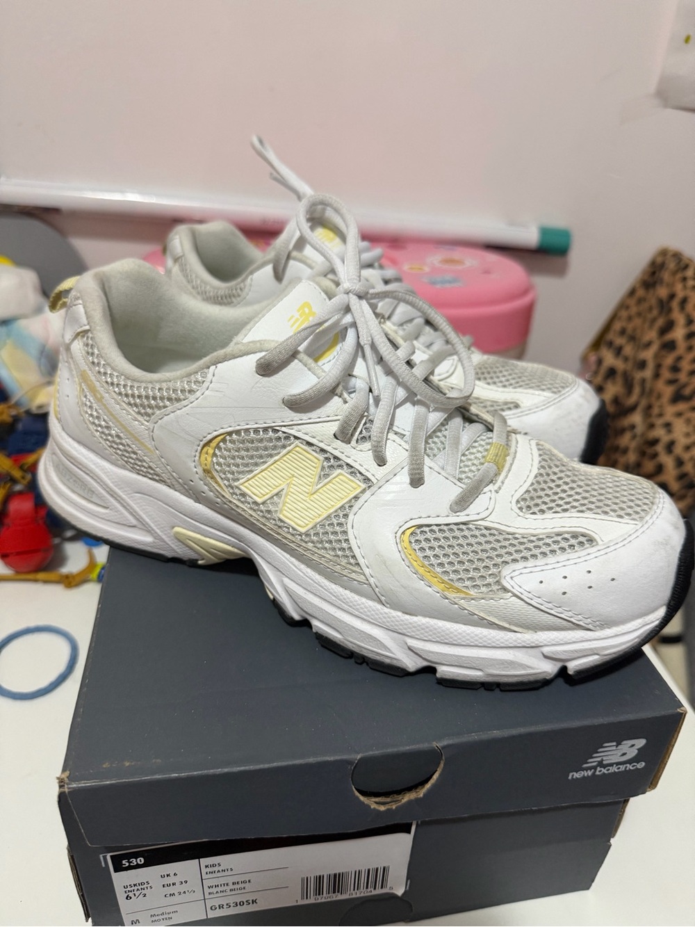 New Balance 530 White and Light Yellow Athletic Sneakers